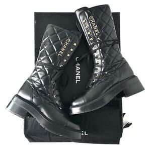 Chanel Shiny Calfskin Quilted CC Cap Toe Platform Tall Combat Boots 37